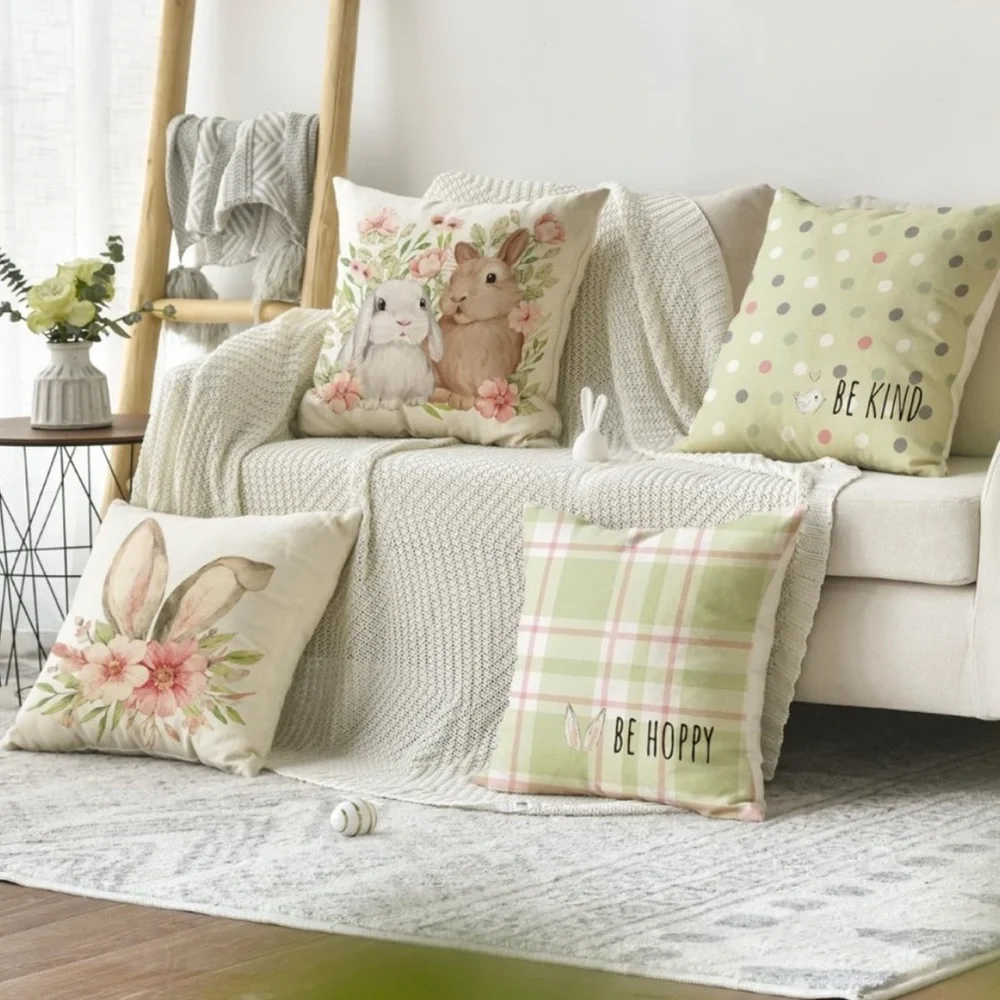 NEW Be Hoppy Be Kind Easter Spring Bunny Pillow covers set of 4